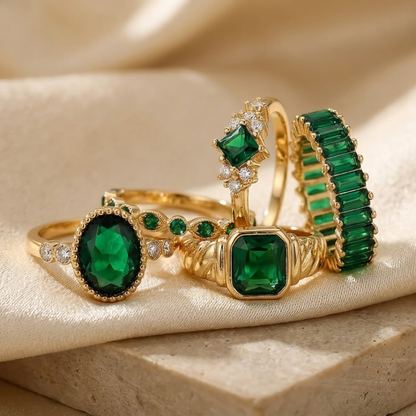 Conjunto de joias com anéis de ouro e esmeraldas, incluindo anel de ouro com pedra de esmeralda e detalhes elegantes.