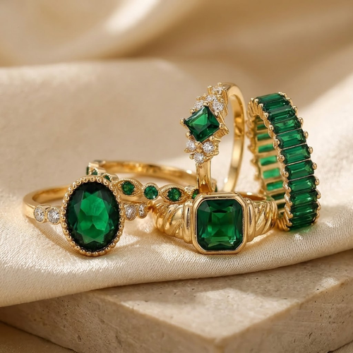 Conjunto de joias com anéis de ouro e esmeraldas, incluindo anel de ouro com pedra de esmeralda e detalhes elegantes.