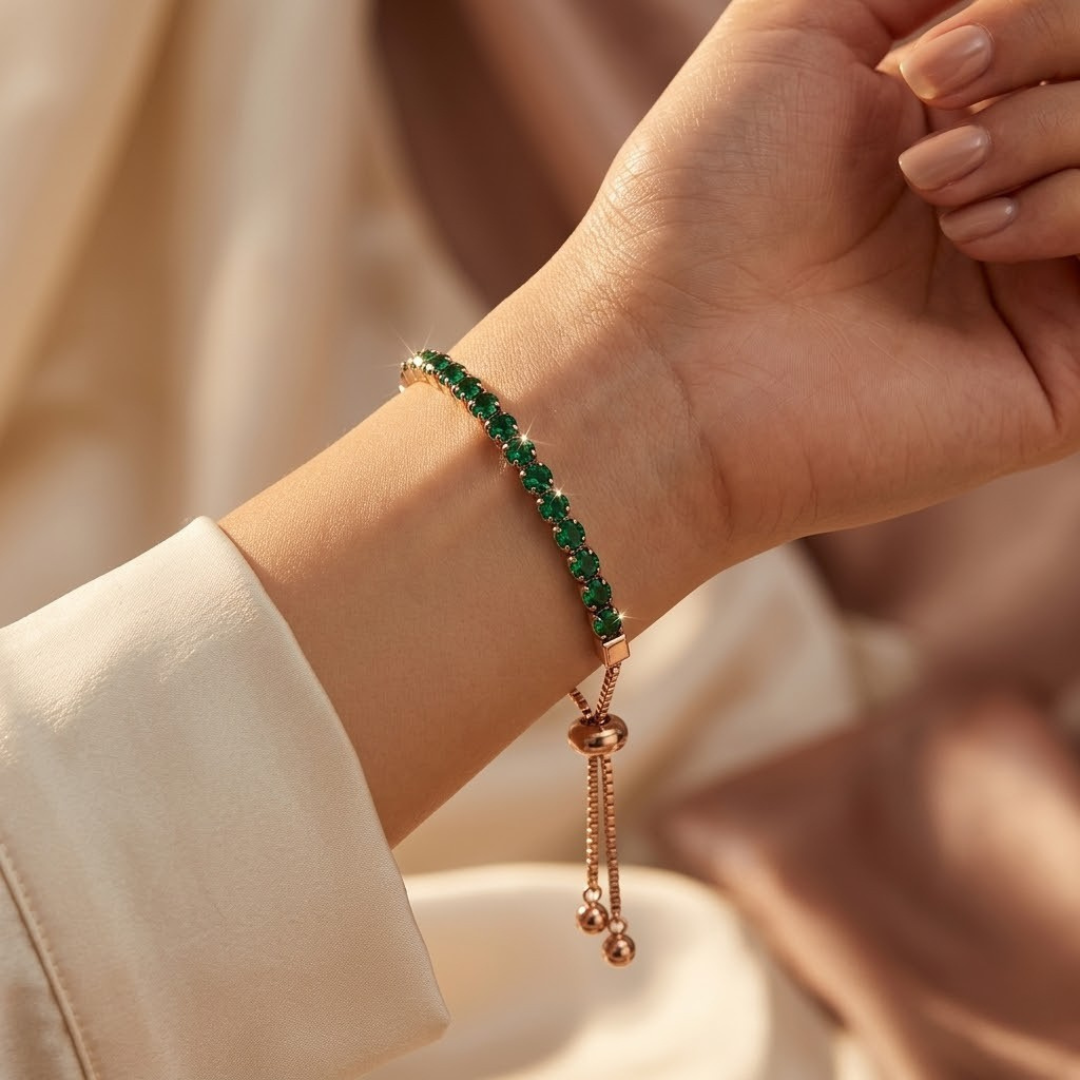 Gold Emerald Adjustable Tennis Bracelet by Rose & Oliver, alternate product view