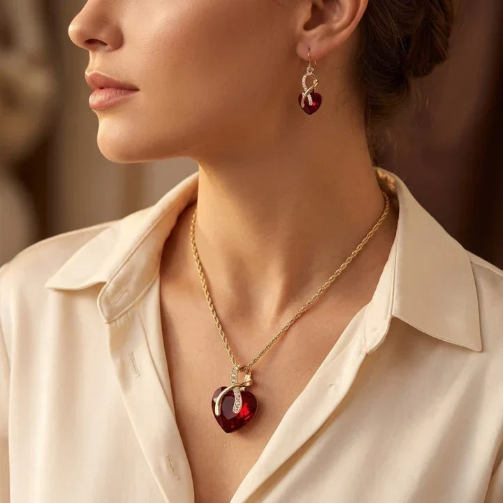 Gold Ruby Twisted Heart Jewelry Set by Rose & Oliver, alternate product view