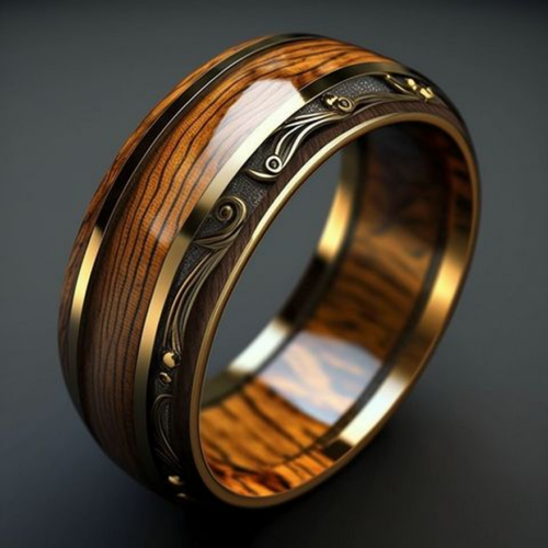 Anel Timbercrest Heritage da Rose & Oliver em prata com detalhes gravados, mostrado em close-up na imagem.