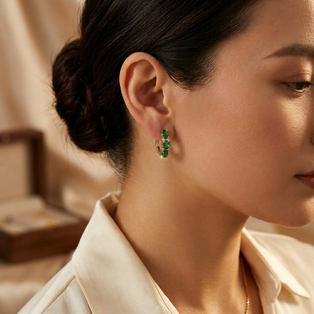 Gold Emerald Vertical Hoop Earrings by Rose & Oliver, alternate product view