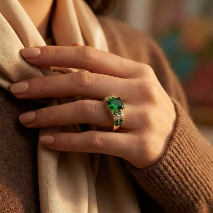Anel Gold Emerald Multi-Stone da Rose & Oliver com pedras verdes e detalhes em ouro.