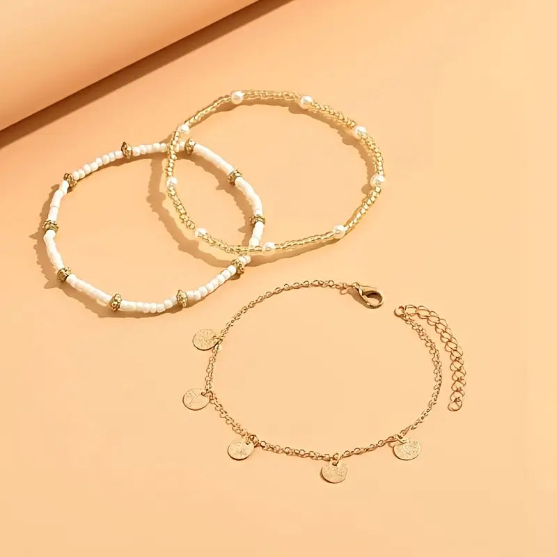 Coastal Charm 3-Piece Layered Anklet Set | Gold by Rose & Oliver, alternate product view