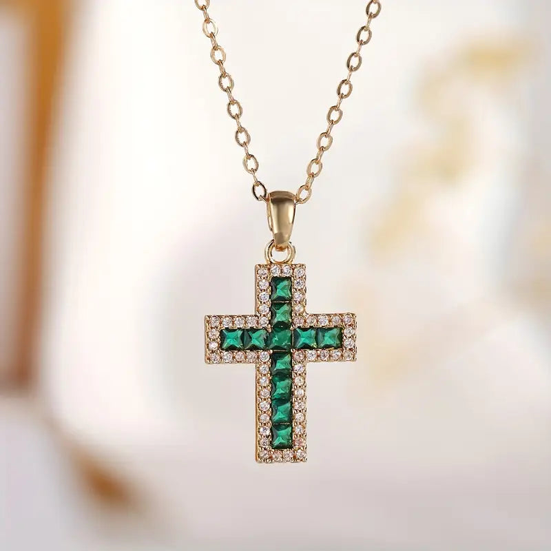 Solene Emerald Cross Pendant Necklace | Gold by Rose & Oliver, alternate product view