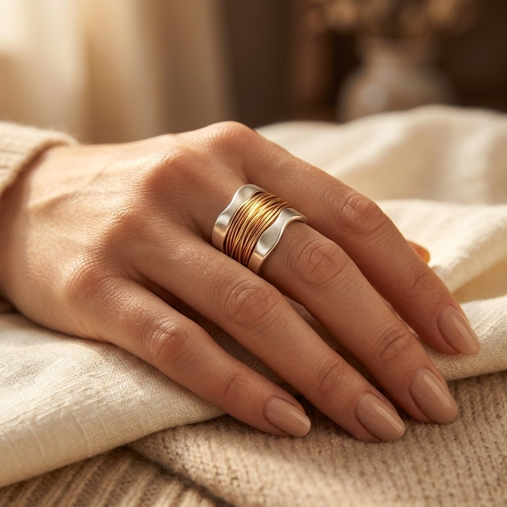 Anel Rose & Oliver com acabamento em prata e ouro entrelaçados, detalhes elegantes e design sofisticado.
