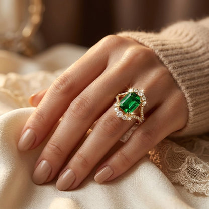 Anel de ouro com halo de esmeraldas, da marca Rose & Oliver, exibindo detalhes elegantes e pedras verdes brilhantes.