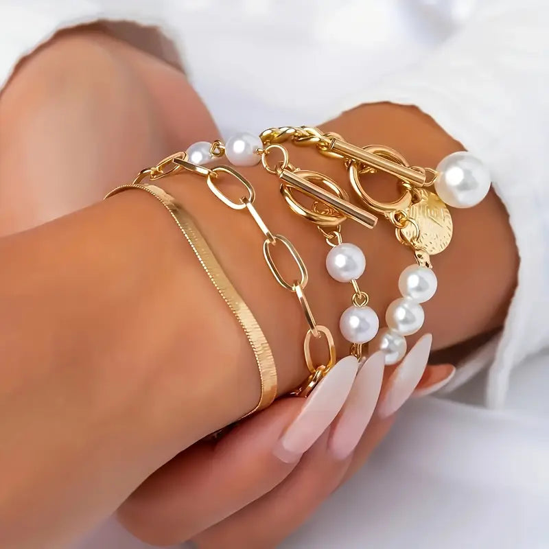 Chic Gold 4-Piece Bracelet Set – Snake, Pearls & Links | Gold by Rose & Oliver, detail view
