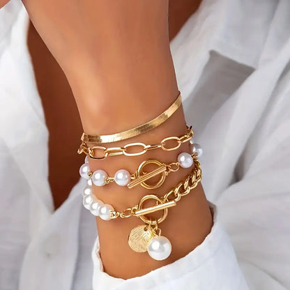 Chic Gold 4-Piece Bracelet Set – Snake, Pearls & Links | Gold by Rose & Oliver, main product view