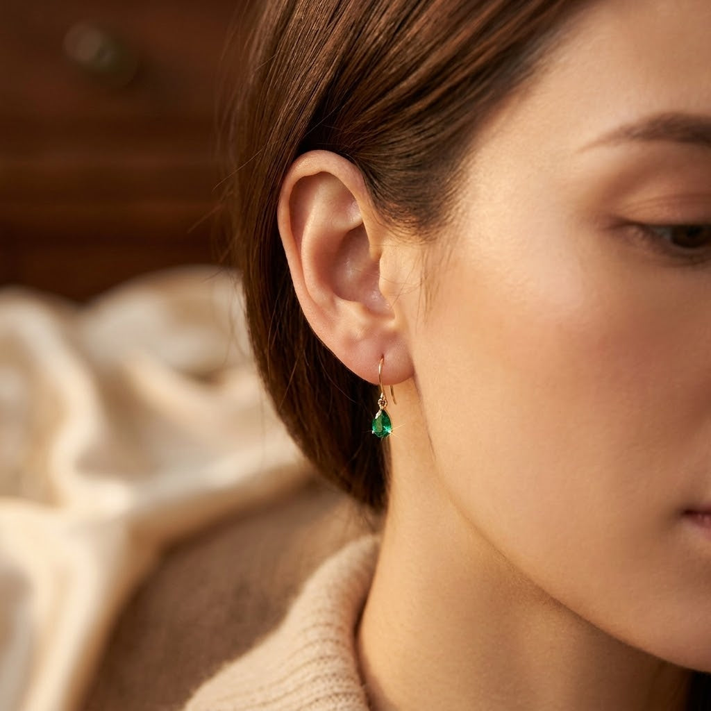 Gold Emerald Teardrop Drop Earrings by Rose & Oliver, alternate product view