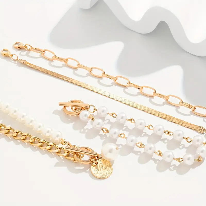 Chic Gold 4-Piece Bracelet Set – Snake, Pearls & Links | Gold by Rose & Oliver, alternate product view