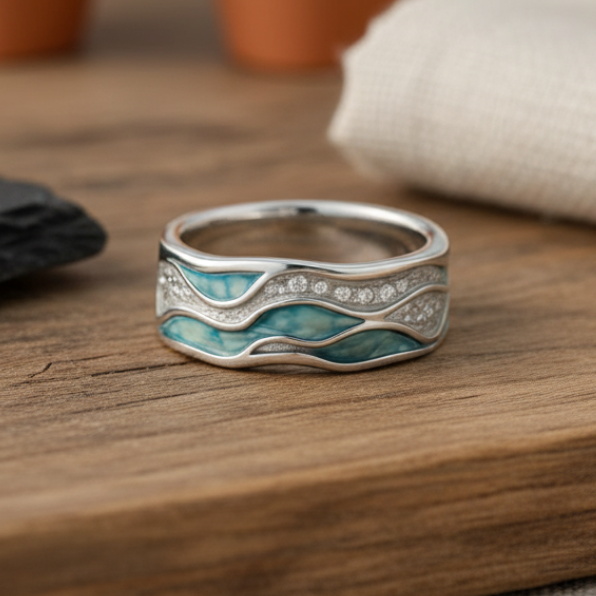 Anel Rose & Oliver Chloe com ondas prateadas turquoise, detalhes delicados em prata, design elegante e moderno.