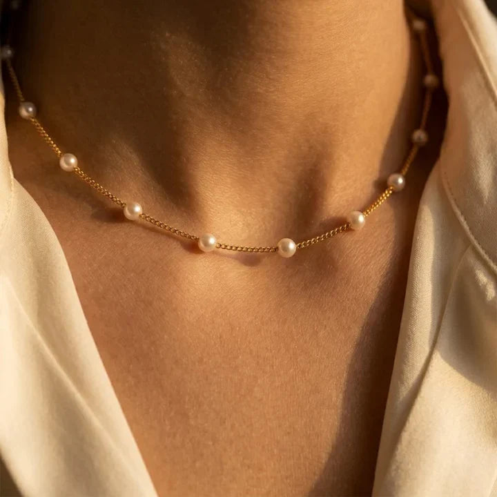 Gold Spaced Pearl Chain Necklace by Rose & Oliver, alternate product view