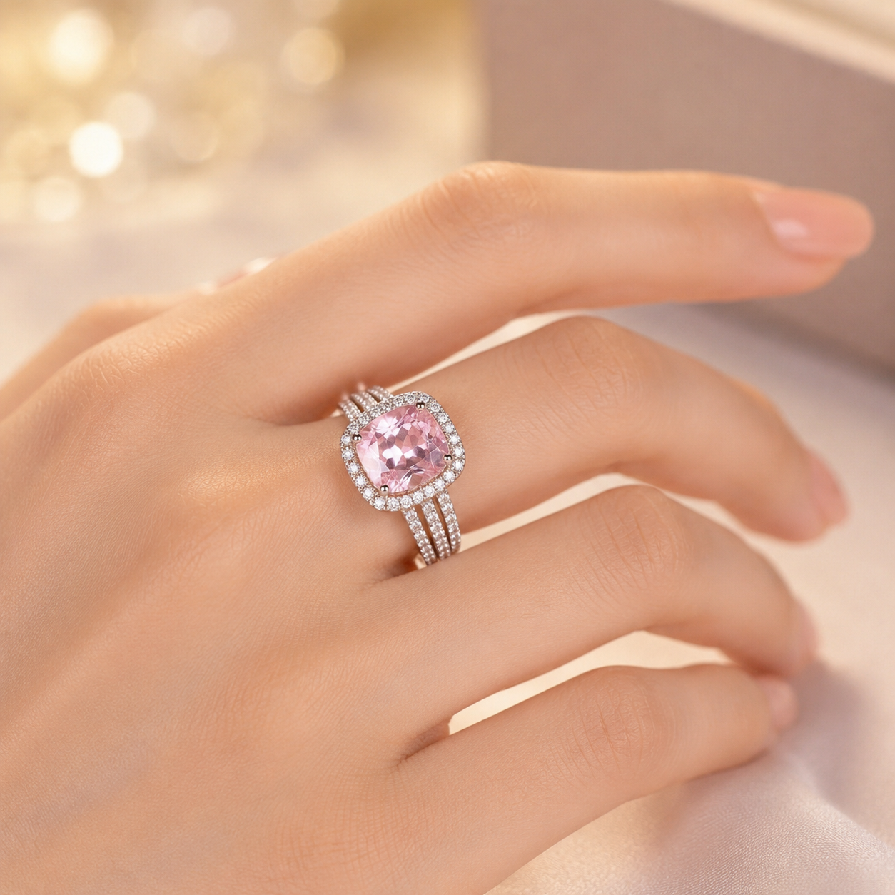 Anel de ouro com halo de ametista, destacando a pedra central e detalhes elegantes, da marca Rose & Oliver.
