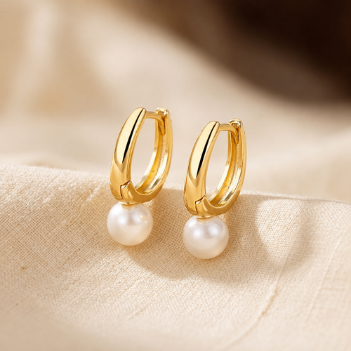 Brincos de argola dourados com pérolas, estilo elegante da marca Rose & Oliver, destaque para detalhes sofisticados.