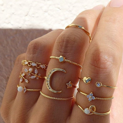 Conjunto de 10 pares de anéis Boho™ em prata e ouro, joias da Rose & Oliver, com detalhes elegantes e estilos variados