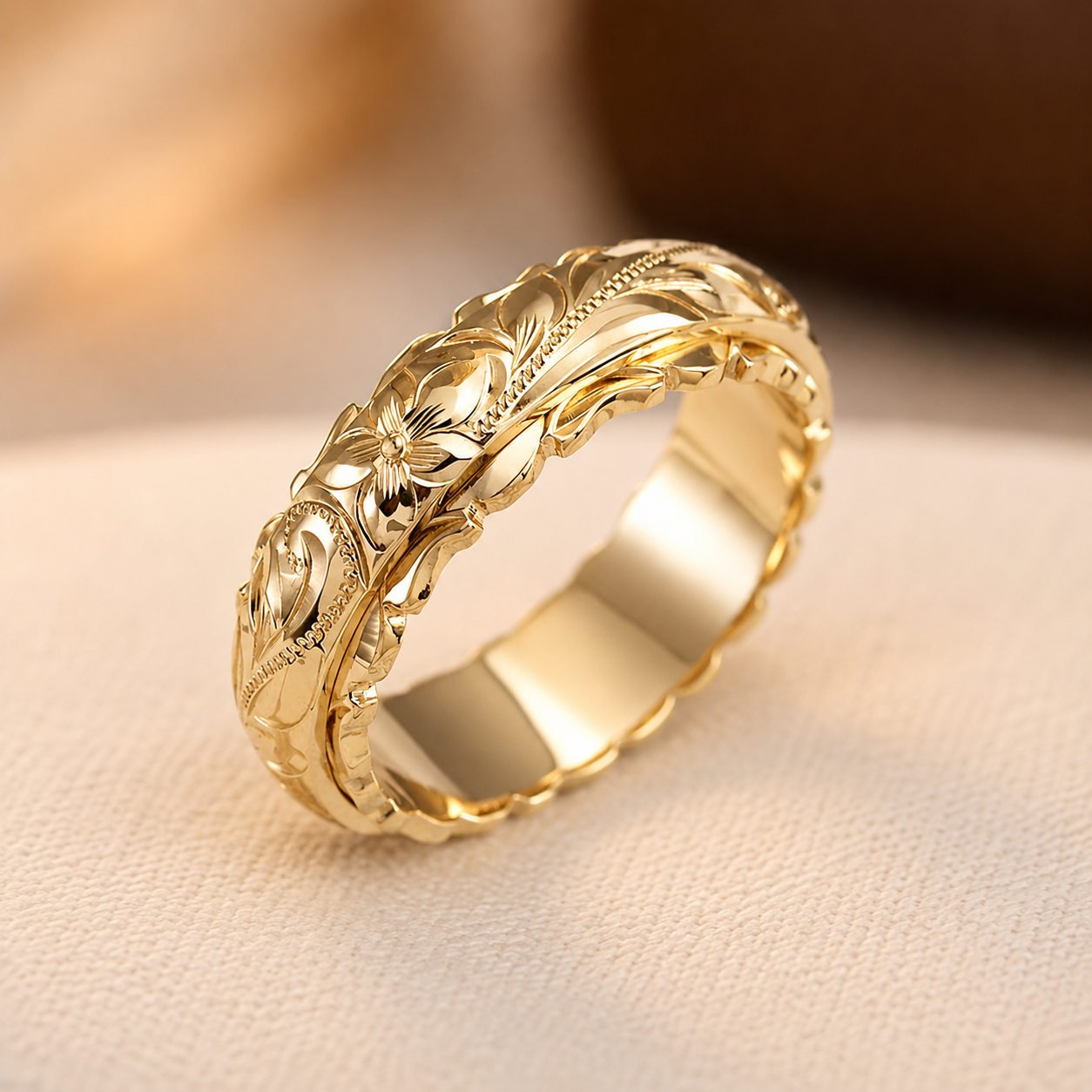Anel de ouro antigo com flor, da marca Rose & Oliver, detalhe delicado em acabamento dourado.