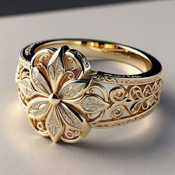 Anel Rose & Oliver com zircônia exótica dourada e detalhes florais, acabamento elegante e acabamento dourado brilhante.