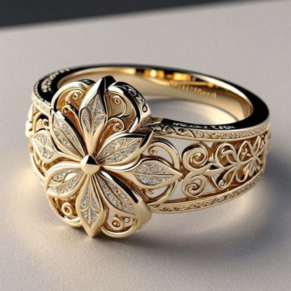 Anel Rose & Oliver com zircônia exótica dourada e detalhes florais, acabamento elegante e acabamento dourado brilhante.