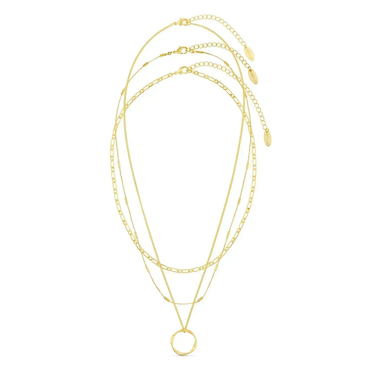 Colar Circa™ Rose & Oliver com círculos dourados abertos em três fileiras, estilo elegante e contemporâneo.