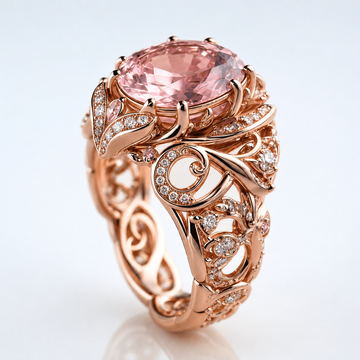 Anel Rose Gold com Turmalina Ornate da Rose & Oliver, detalhe elaborado em ouro rosé e pedra colorida.