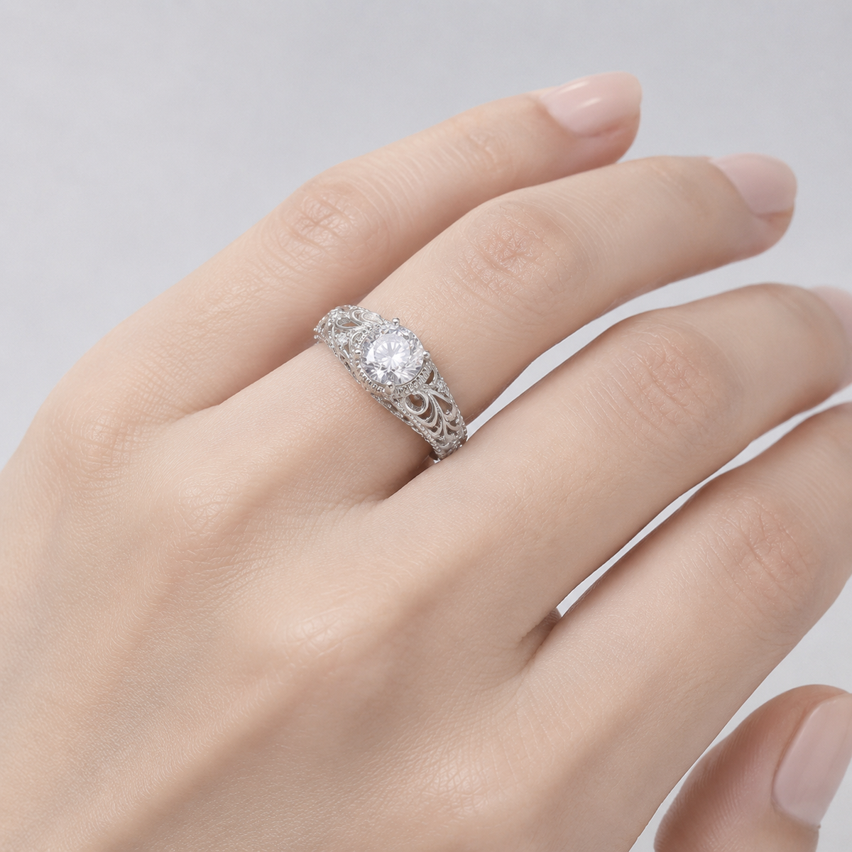 Silver Cushion Zirconia Vintage Ring by Rose & Oliver, alternate product view