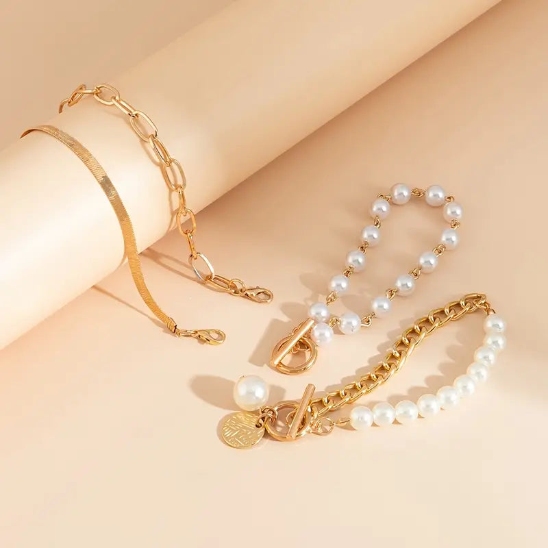 Chic Gold 4-Piece Bracelet Set – Snake, Pearls & Links | Gold by Rose & Oliver, additional product detail