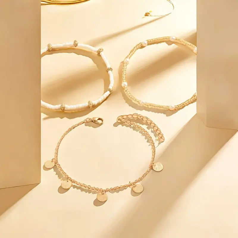 Coastal Charm 3-Piece Layered Anklet Set | Gold by Rose & Oliver, detail view