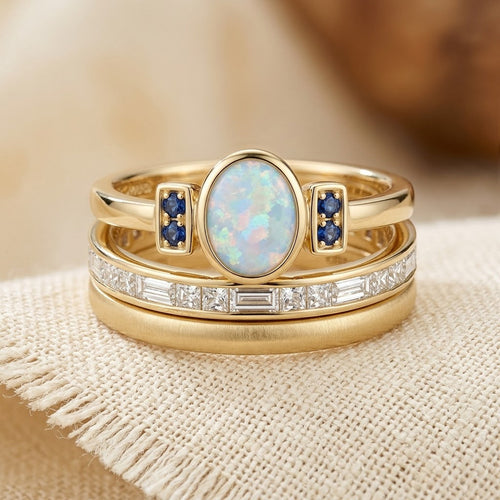 Conjunto de anéis empilhados de ouro da coleção Rose & Oliver, com detalhes elegantes em bezel, jóias femininas sofisticadas.