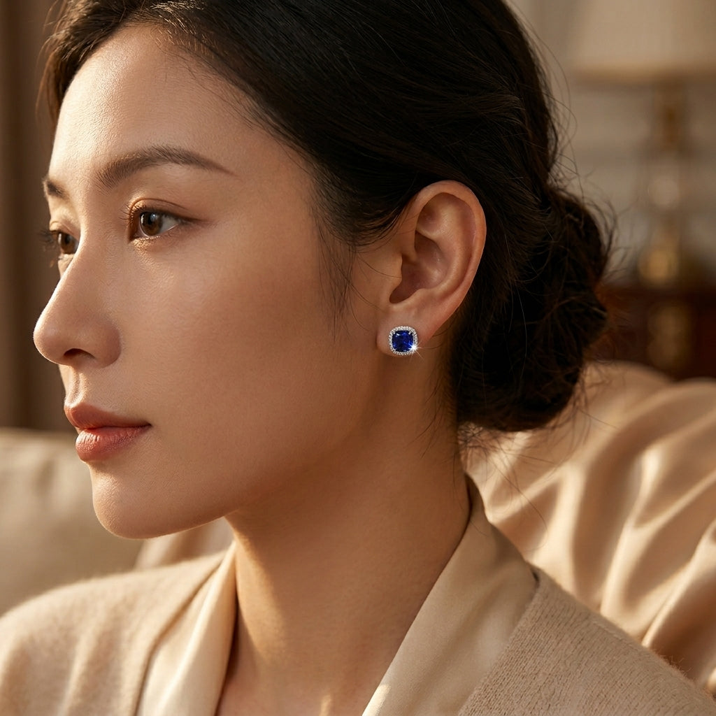Silver Sapphire Halo Stud Earrings by Rose & Oliver - product image 2