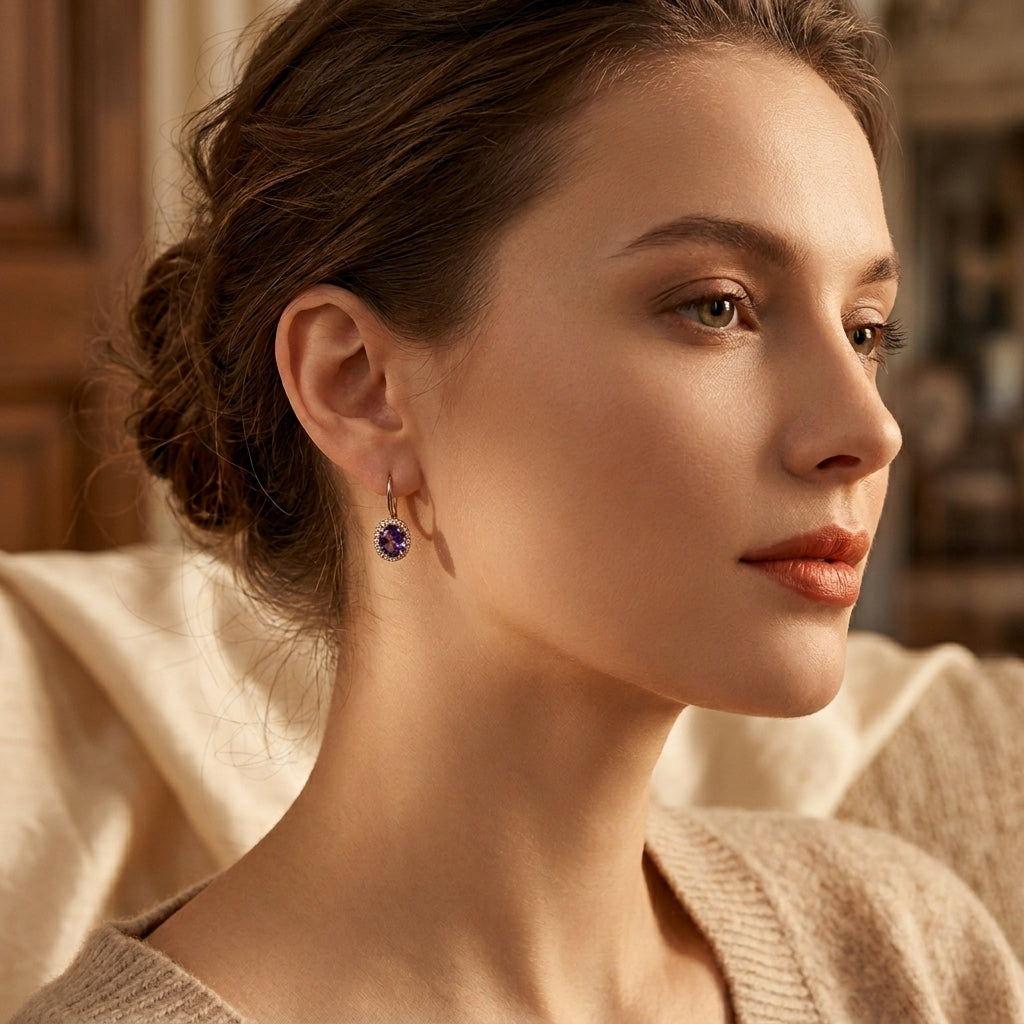 Gold Amethyst Crown Earrings by Rose & Oliver, alternate product view