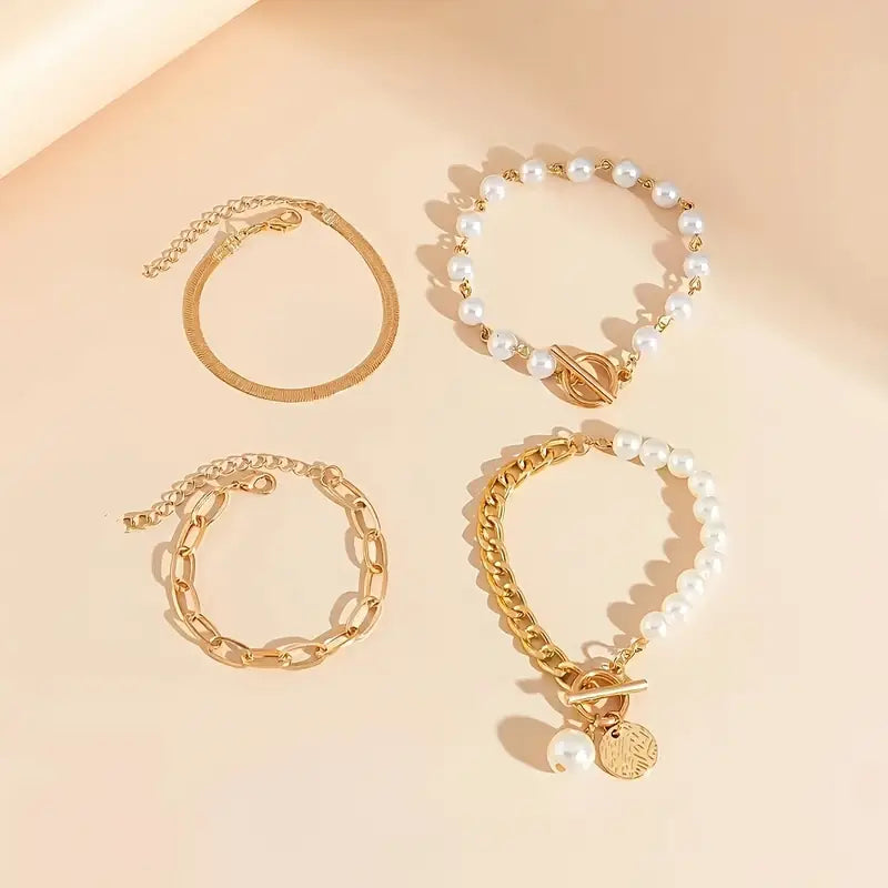 Chic Gold 4-Piece Bracelet Set – Snake, Pearls & Links | Gold by Rose & Oliver, additional angle