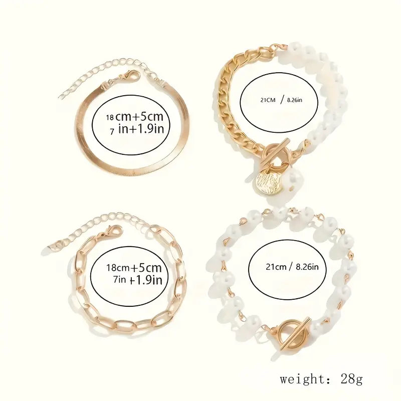 Chic Gold 4-Piece Bracelet Set – Snake, Pearls & Links | Gold by Rose & Oliver, product detail view 6
