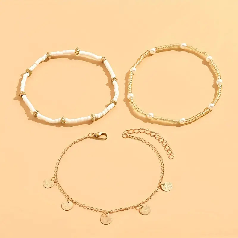 Coastal Charm 3-Piece Layered Anklet Set | Gold by Rose & Oliver, additional angle