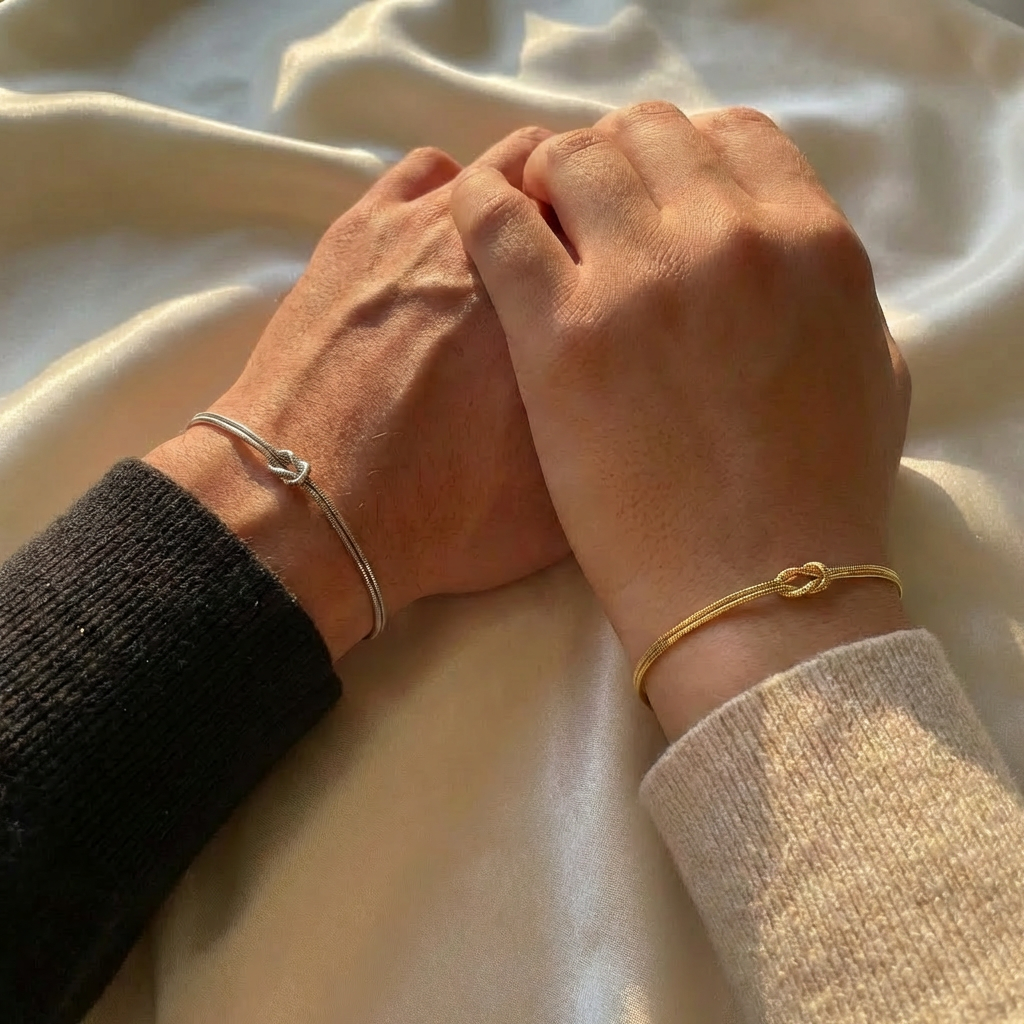 Pulseira Forever Knot da Rose & Oliver, acessório de metal com símbolo de nó eterno para casais, amigos ou família.