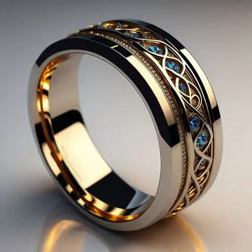 Anel de ouro infinito vintage da Rose & Oliver, com acabamento detalhado e design elegante, visto de frente.
