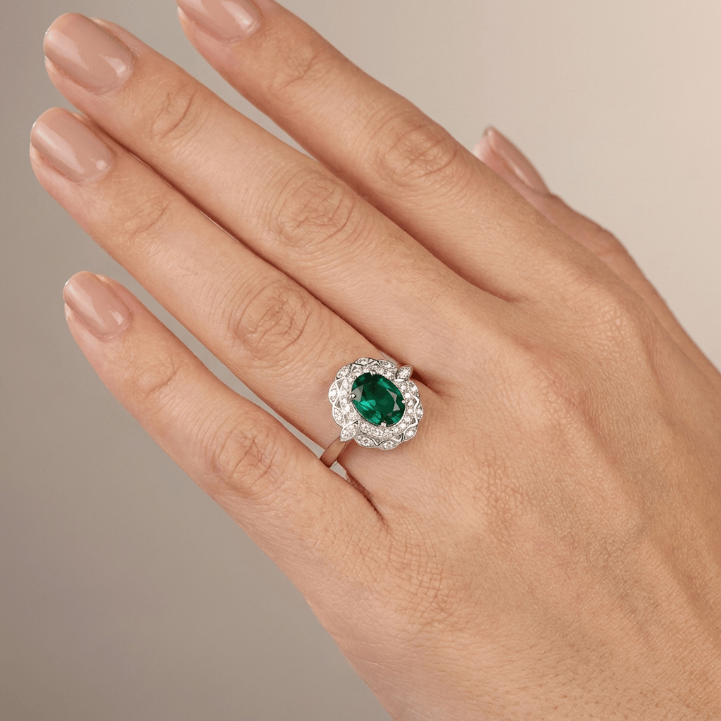 Vintage Emerald Silver Floral Ring - (Adjustable) by Rose & Oliver, alternate product view