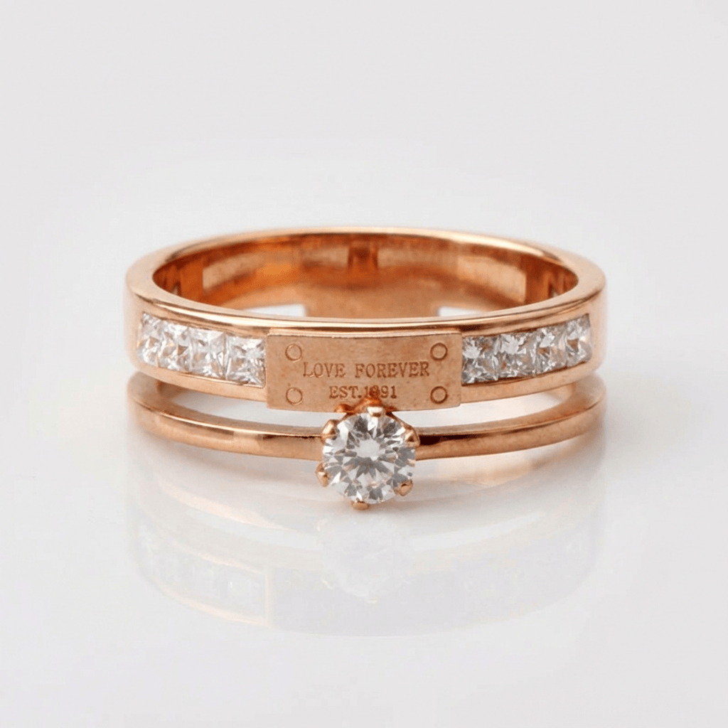 Anel Love Forever Rose Gold com dupla faixa da marca Rose & Oliver, mostrando detalhes brilhantes e acabamento elegante.