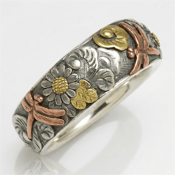 Handmade Dragonfly & Sunflower Vintage Silver Ring by Rose & Oliver, main product view