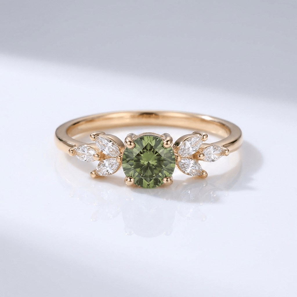Anel delicado de ouro com folha de peridoto verde, inspirado na natureza, da marca Rose & Oliver.