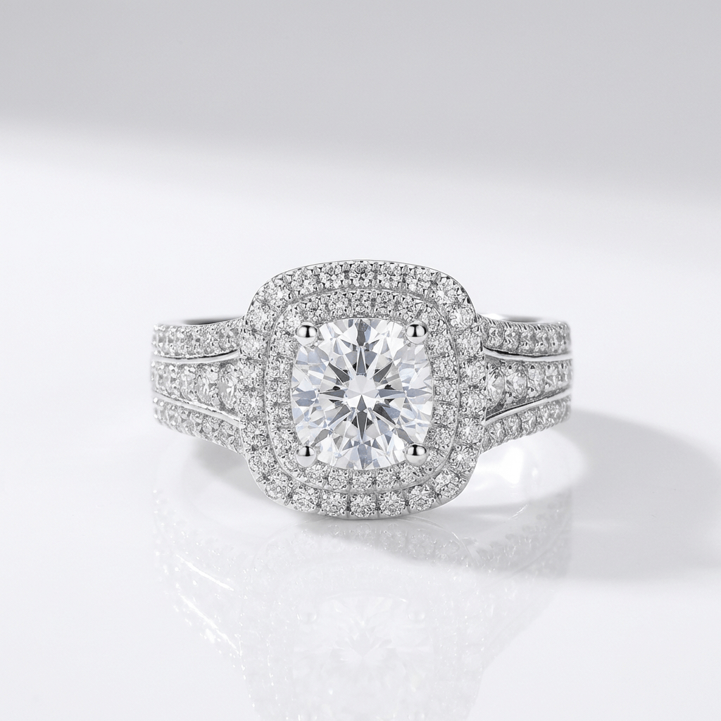 Anel de prata redondo com halo de diamantes, joia elegante da marca Rose & Oliver, mostrando detalhes brilhantes na imagem.