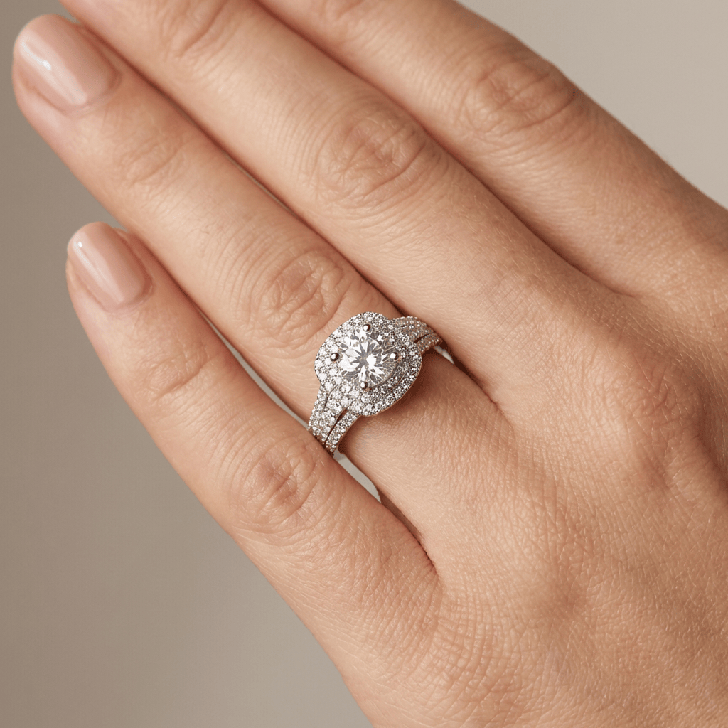 Anel de ouro prateado redondo com halo de diamantes, da marca Rose & Oliver, exibido em close na imagem.