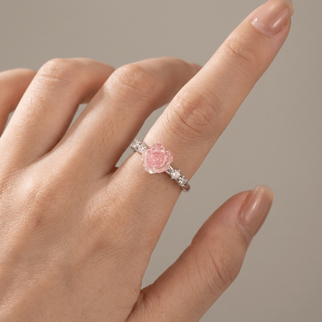 Silver Rose Diamond Ring - (Adjustable) by Rose & Oliver, product detail view 6