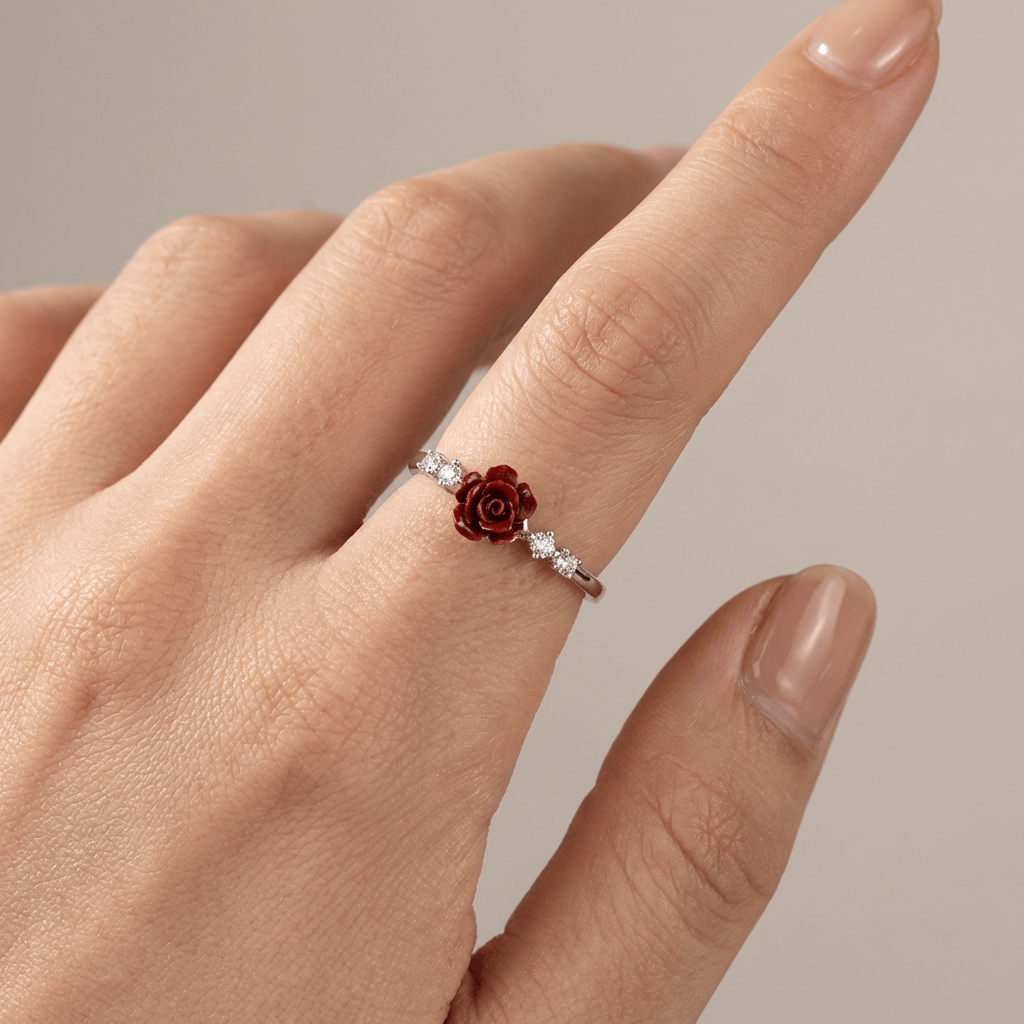 Silver Rose Diamond Ring - (Adjustable) by Rose & Oliver, additional angle