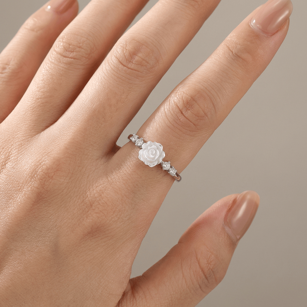 Silver Rose Diamond Ring - (Adjustable) by Rose & Oliver, alternate product view