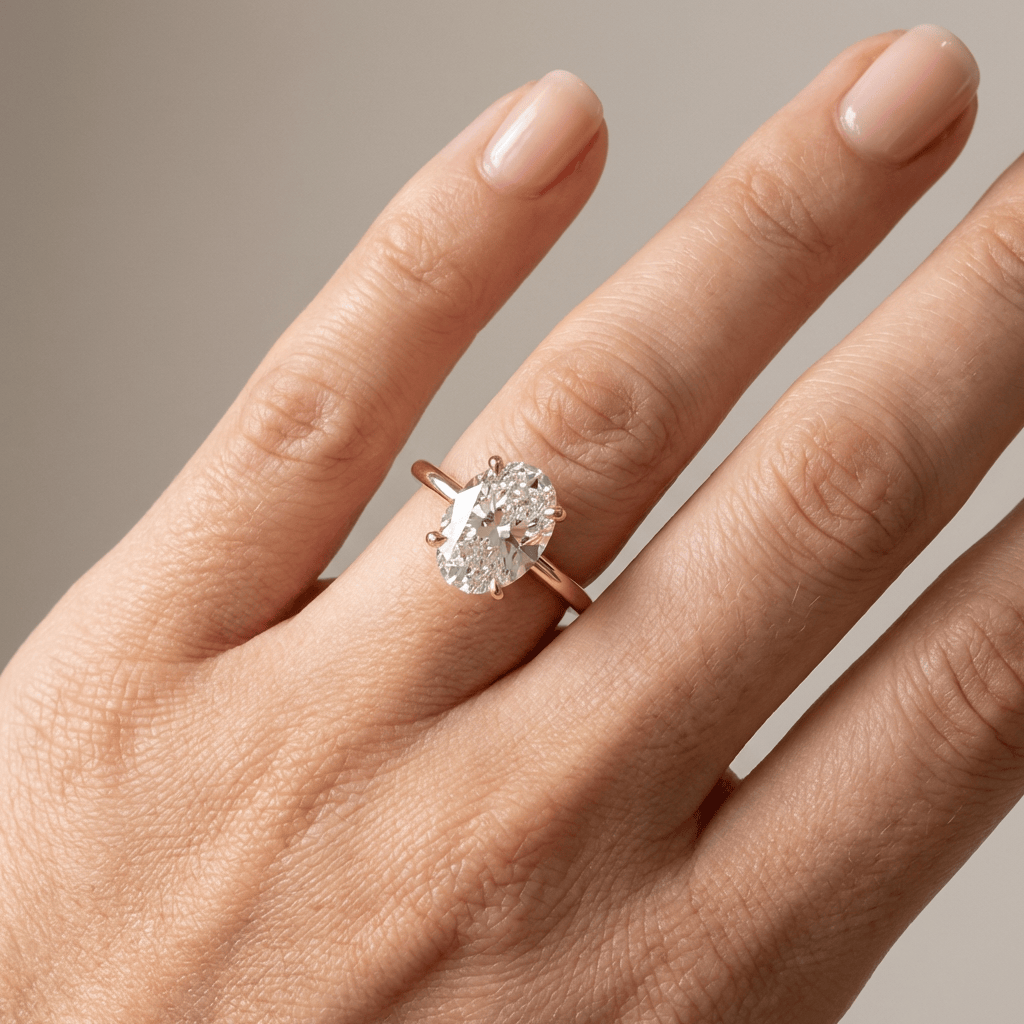 Anel de ouro oval com diamante solitaire da Rose & Oliver, com acabamento elegante e pedra central brilhante.