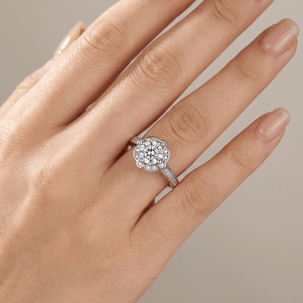 Anel ajustável Silver Diamond Bloom da Rose & Oliver com detalhes de diamantes e design floral elegante.