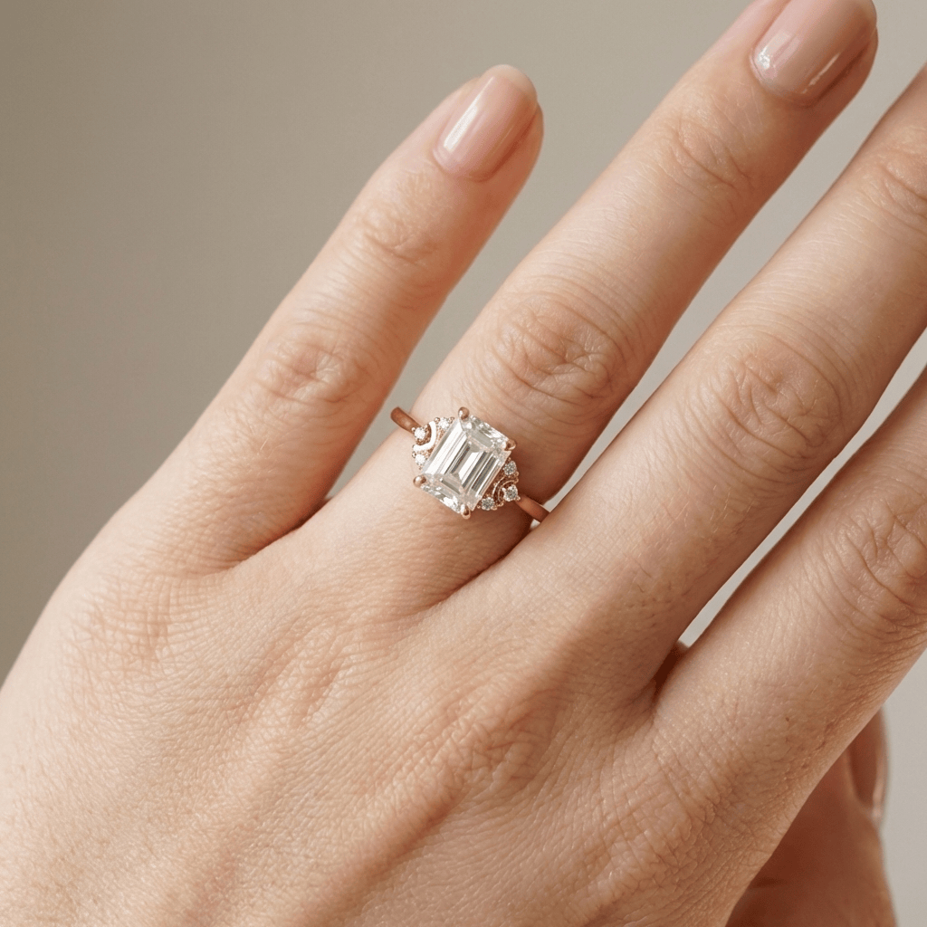 Anel de prata com baguetes de diamante, joia elegante da Rose & Oliver, exibida em fundo neutro.