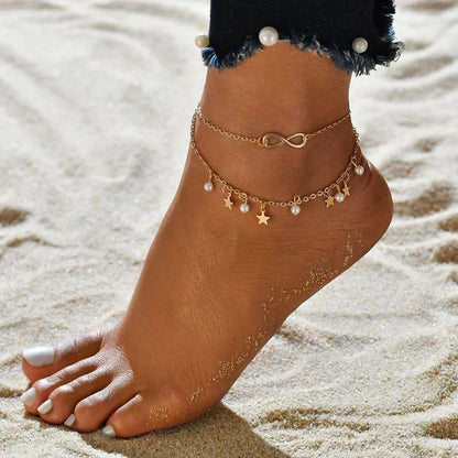 Pulseira de tornozelo Infinity com pérolas e estrelas da Rose & Oliver, detalhes delicados e elegantes em prata.